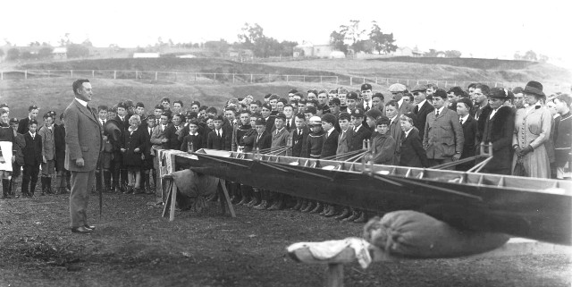 Walter Price Speaking at the christening of the boat, 'Rex Bell', 1918.